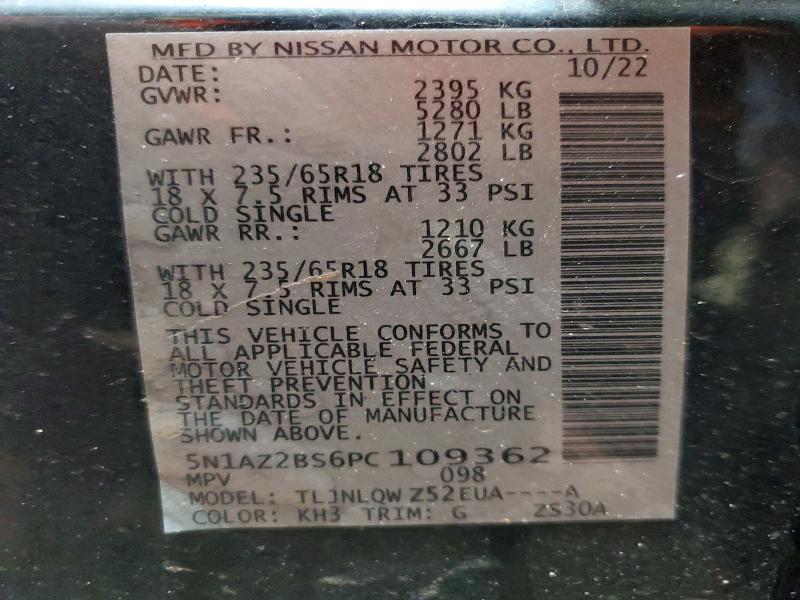 2023 Nissan Murano მანქანა იყიდება აუქციონზე, vin: 5N1AZ2BS6PC109362, აუქციონის ნომერი: 42006066