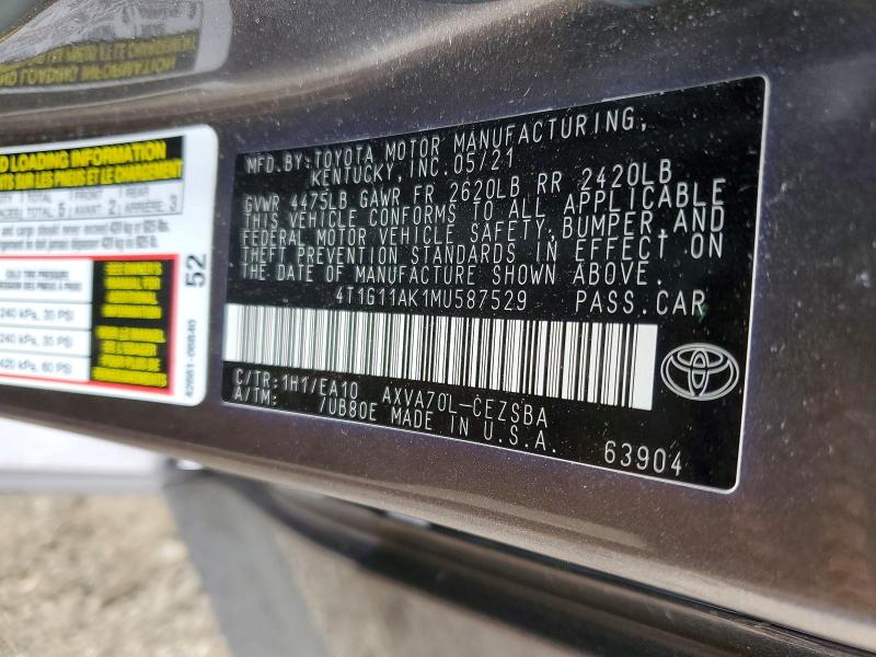 2021 Toyota Camry მანქანა იყიდება აუქციონზე, vin: 4T1G11AK1MU587529, აუქციონის ნომერი: 46678286