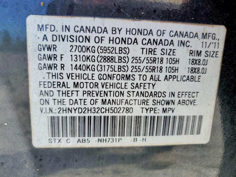 Aukcja sprzedaży 2012 Acura Mdx, vin: 2HNYD2H32CH502780, numer aukcji: 47332086