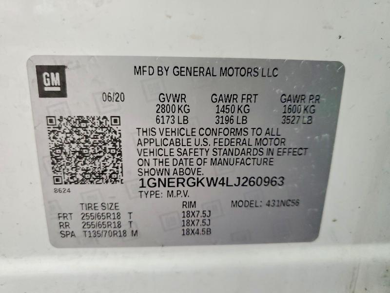 79805885 :رقم المزاد ، 1GNERGKW4LJ260963 vin ، 2020 Chevrolet Traverse مزاد بيع