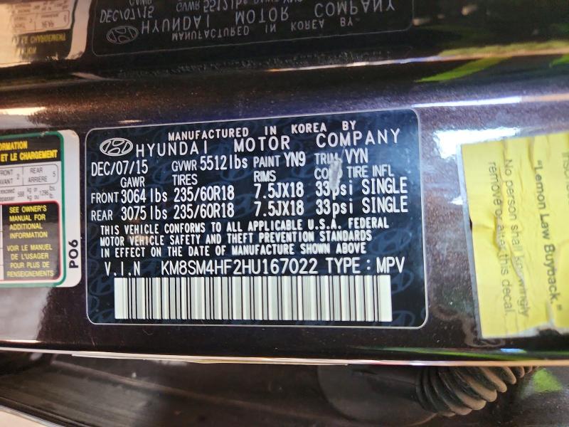 46897266 :رقم المزاد ، KM8SM4HF2HU167022 vin ، 2017 Hyundai Santa Fe مزاد بيع