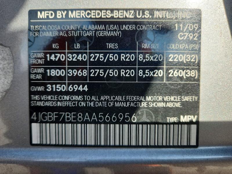 78880675 :رقم المزاد ، 4JGBF7BE8AA566956 vin ، 2010 Mercedes-benz Gl مزاد بيع