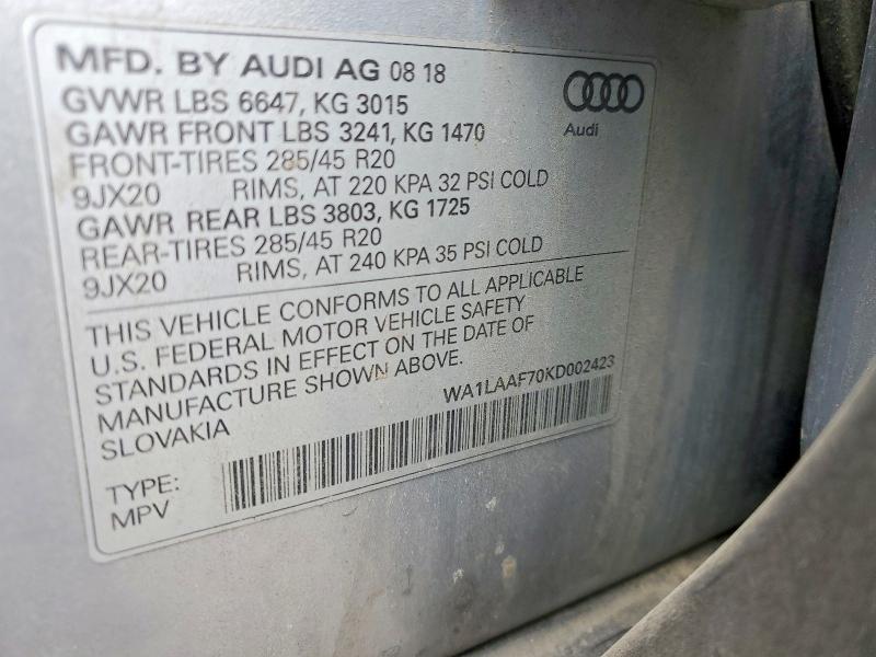 2019 Audi Q7 მანქანა იყიდება აუქციონზე, vin: WA1LAAF70KD002423, აუქციონის ნომერი: 47664426