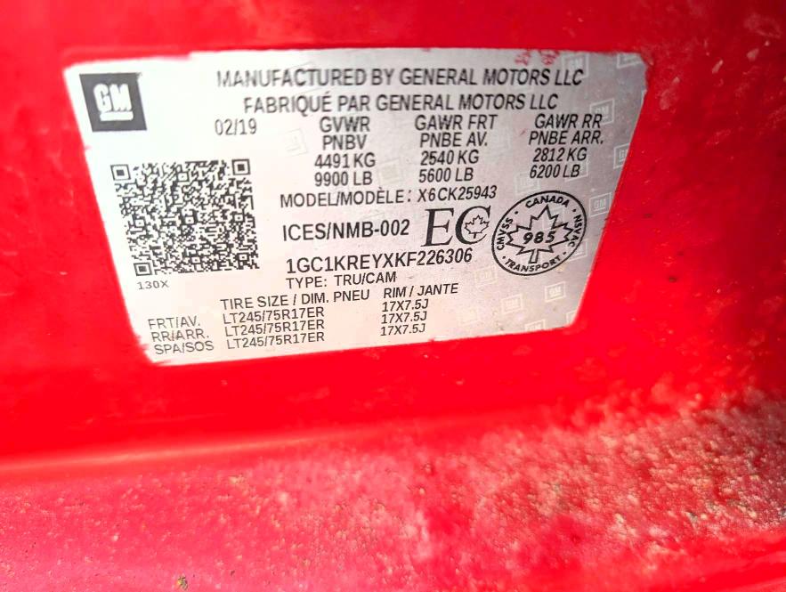 78231185 :رقم المزاد ، 1GC1KREYXKF226306 vin ، 2019 Chevrolet Silverado مزاد بيع