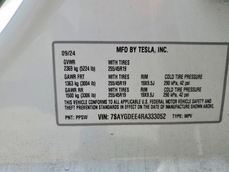2024 Tesla Model Y მანქანა იყიდება აუქციონზე, vin: 7SAYGDEE4RA333052, აუქციონის ნომერი: 41996556