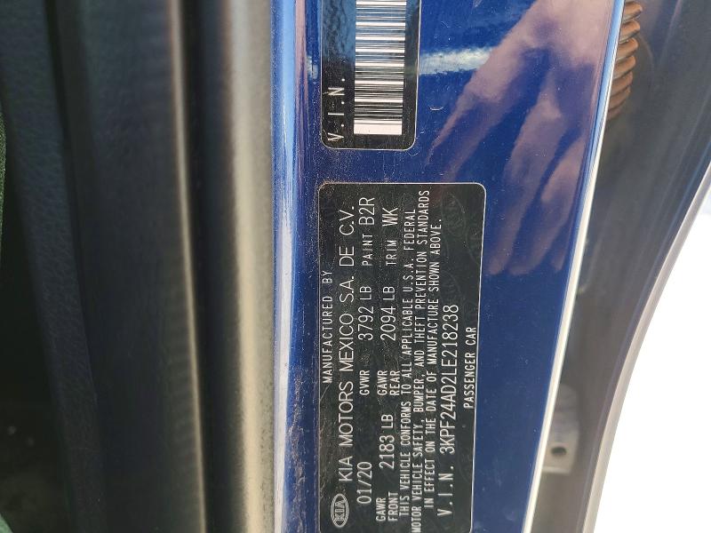 2020 Kia Forte მანქანა იყიდება აუქციონზე, vin: 3KPF24AD2LE218238, აუქციონის ნომერი: 46862186