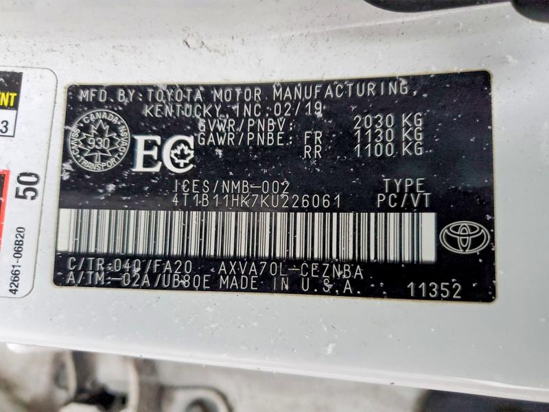 Продажа на аукционе авто 2019 Toyota Camry, vin: 4T1B11HK7KU226061, номер лота: 45769676