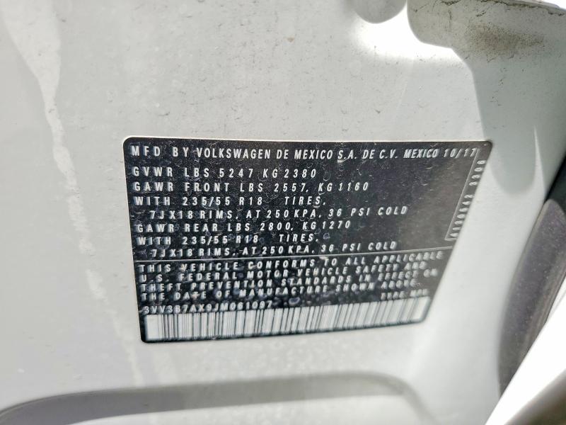 2018 Volkswagen Tiguan მანქანა იყიდება აუქციონზე, vin: 3VV3B7AX9JM061097, აუქციონის ნომერი: 47997386