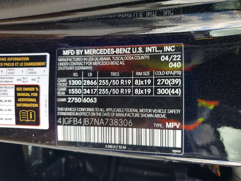 Aukcja sprzedaży 2022 Mercedes-benz Gle, vin: 4JGFB4JB7NA738306, numer aukcji: 47912306