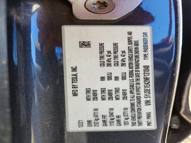 Aukcja sprzedaży 2022 Tesla Model 3, vin: 5YJ3E1EA2NF131848, numer aukcji: 79999095
