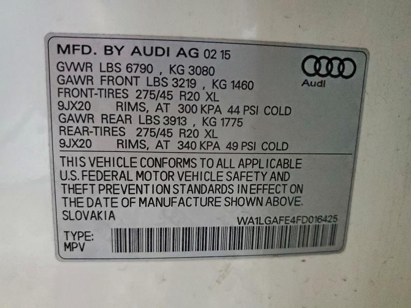 47800216 :رقم المزاد ، WA1LGAFE4FD016425 vin ، 2015 Audi Q7 مزاد بيع
