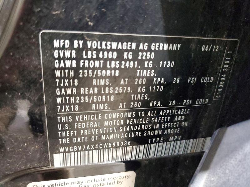 Продаж на аукціоні авто 2012 Volkswagen Tiguan, vin: WVGBV7AX4CW598086, номер лоту: 46704386