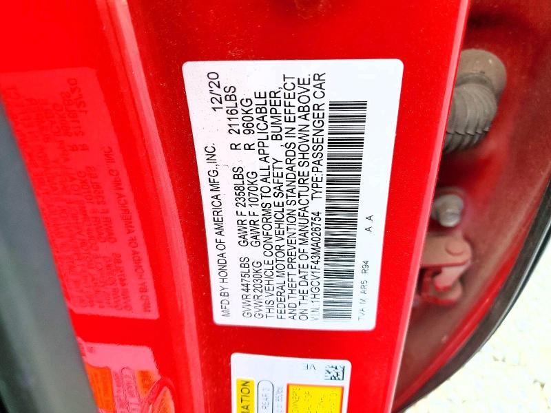 2021 Honda Accord მანქანა იყიდება აუქციონზე, vin: 1HGCV1F43MA026754, აუქციონის ნომერი: 41618436