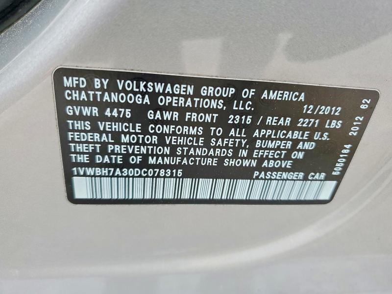 2013 Volkswagen Passat მანქანა იყიდება აუქციონზე, vin: 1VWBH7A30DC078315, აუქციონის ნომერი: 47503936