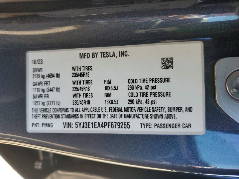 2023 Tesla Model 3 მანქანა იყიდება აუქციონზე, vin: 5YJ3E1EA4PF679255, აუქციონის ნომერი: 41598396