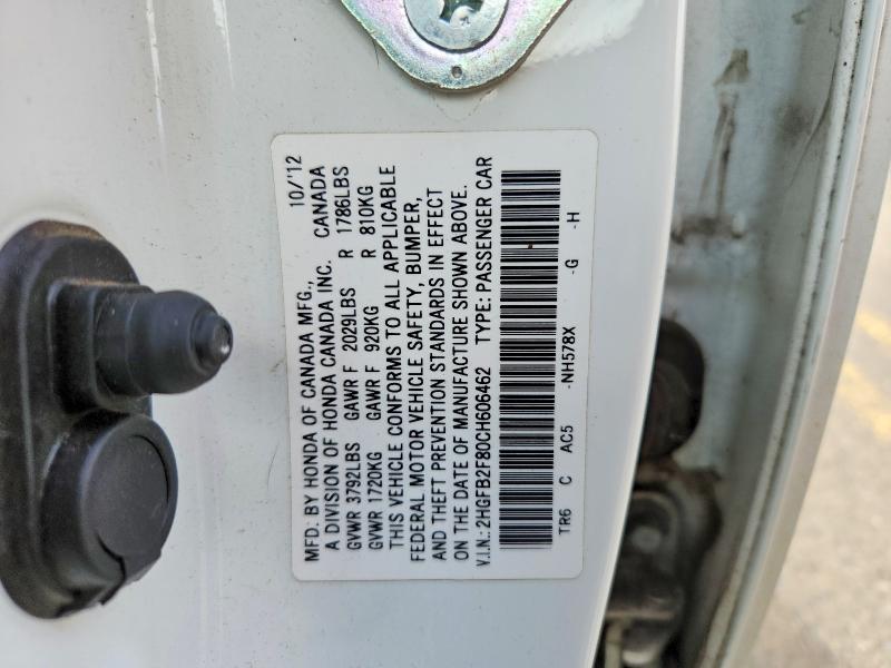 Продаж на аукціоні авто 2012 Honda Civic, vin: 2HGFB2F80CH606462, номер лоту: 47523526