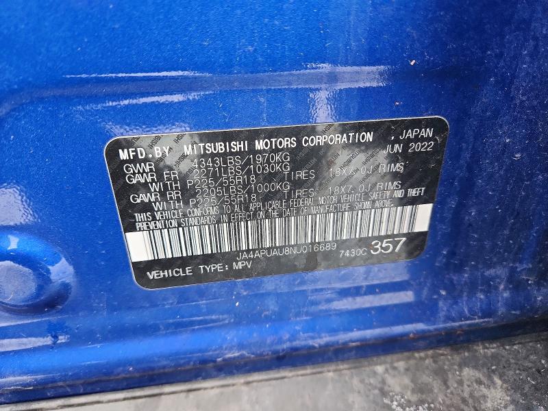2022 Mitsubishi Outlander Sport მანქანა იყიდება აუქციონზე, vin: JA4APUAU8NU016689, აუქციონის ნომერი: 46387286