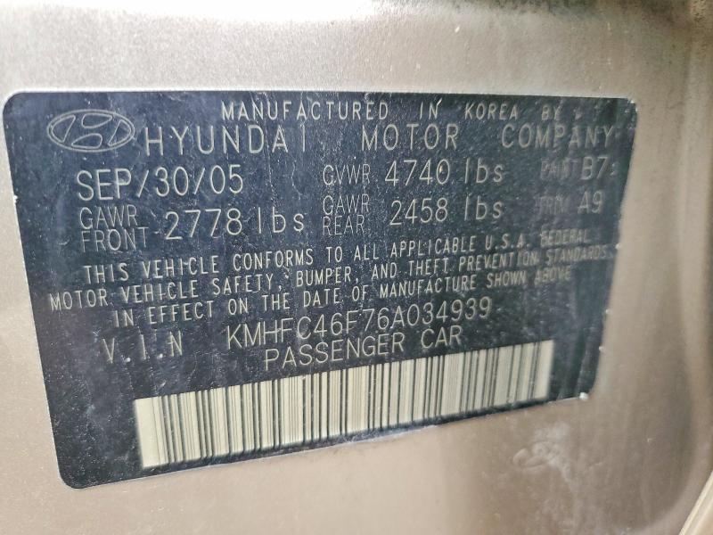 2006 Hyundai Azera მანქანა იყიდება აუქციონზე, vin: KMHFC46F76A034939, აუქციონის ნომერი: 79261195