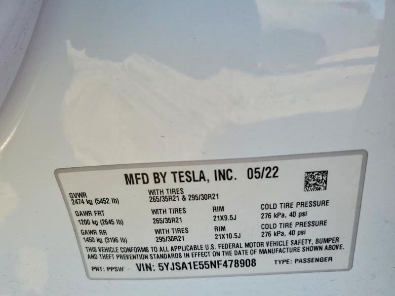47926436 :رقم المزاد ، 5YJSA1E55NF478908 vin ، 2022 Tesla Model S مزاد بيع