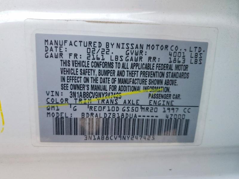 2022 Nissan Sentra მანქანა იყიდება აუქციონზე, vin: 3N1AB8CV9NY247425, აუქციონის ნომერი: 41733486
