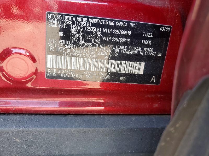 46546076 :رقم المزاد ، 2T3J1RFV9LC103699 vin ، 2020 Toyota Rav4 مزاد بيع