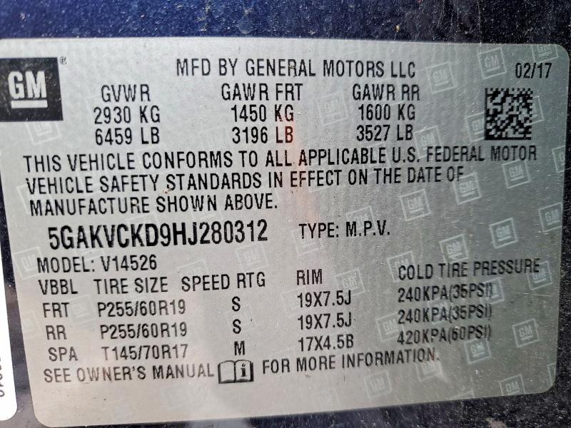 46147886 :رقم المزاد ، 5GAKVCKD9HJ280312 vin ، 2017 Buick Enclave مزاد بيع