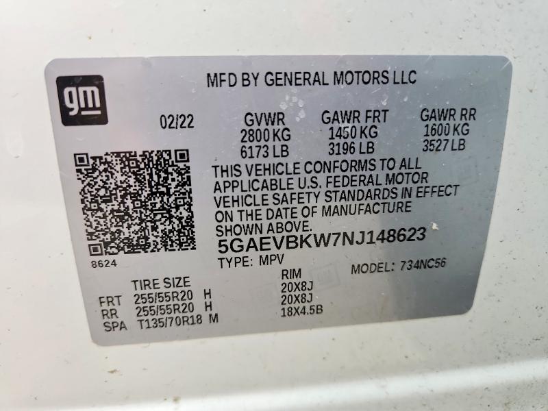 47006756 :رقم المزاد ، 5GAEVBKW7NJ148623 vin ، 2022 Buick Enclave مزاد بيع
