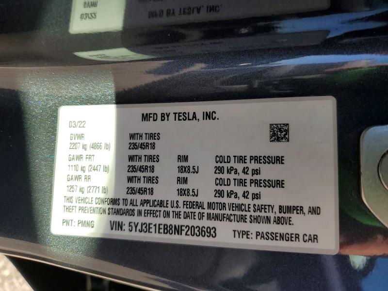 2022 Tesla Model 3 მანქანა იყიდება აუქციონზე, vin: 5YJ3E1EB8NF203693, აუქციონის ნომერი: 45489576