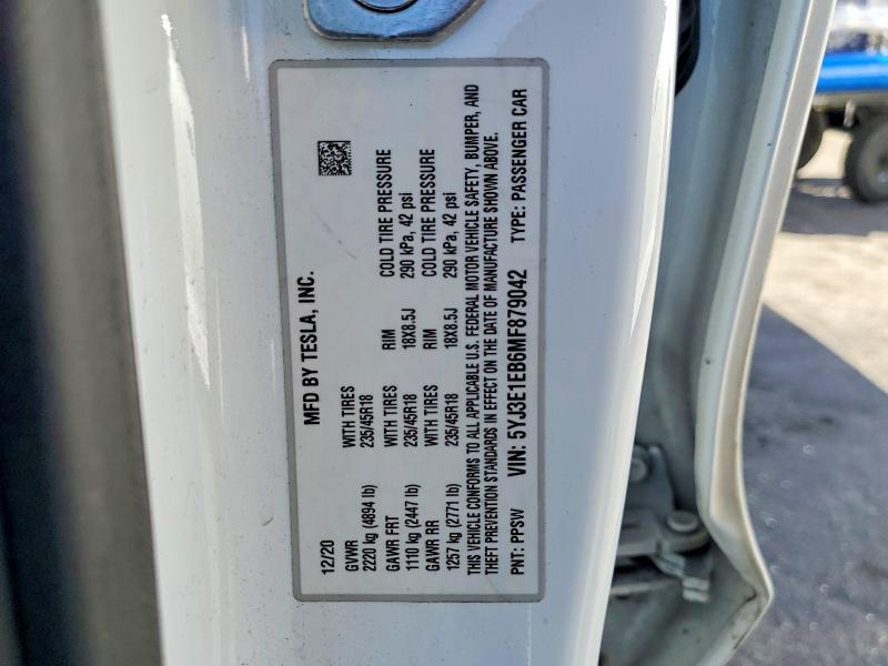 Продаж на аукціоні авто 2021 Tesla Model 3, vin: 5YJ3E1EB6MF879042, номер лоту: 46523786