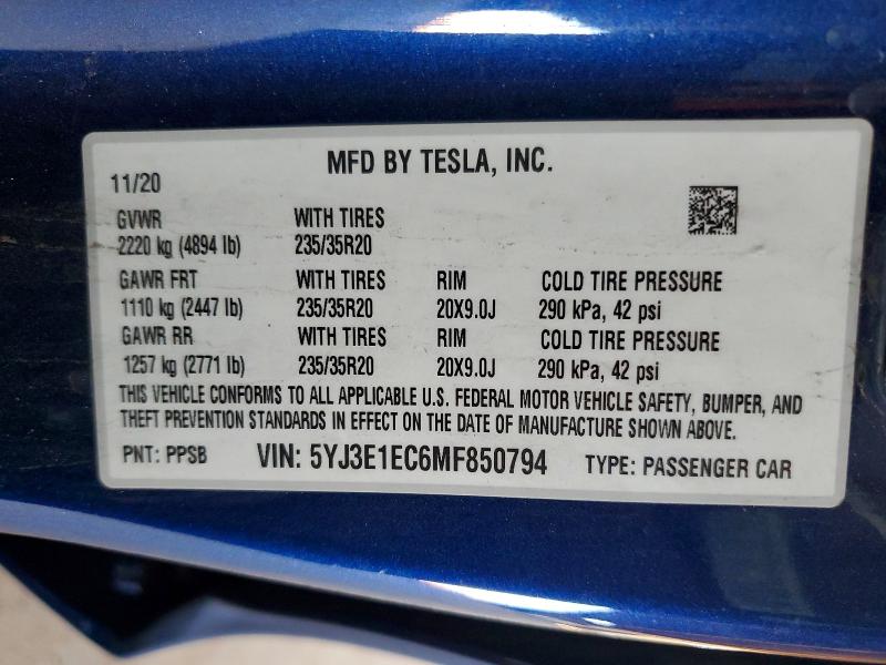 46773046 :رقم المزاد ، 5YJ3E1EC6MF850794 vin ، 2021 Tesla Model 3 مزاد بيع