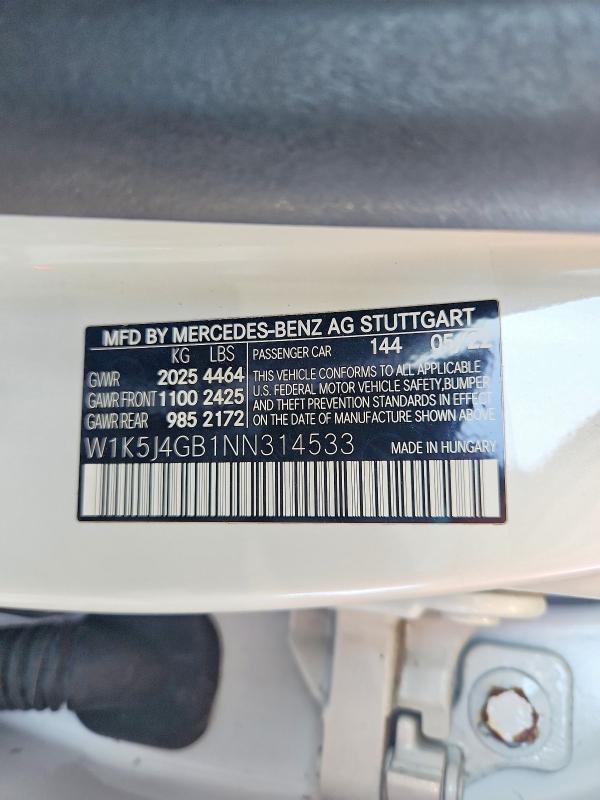 Aukcja sprzedaży 2022 Mercedes-benz Cla, vin: W1K5J4GB1NN314533, numer aukcji: 47266256