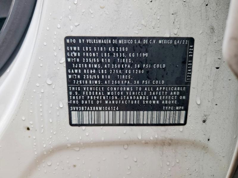 41740286 :رقم المزاد ، 3VV3B7AX8NM104124 vin ، 2022 Volkswagen Tiguan مزاد بيع