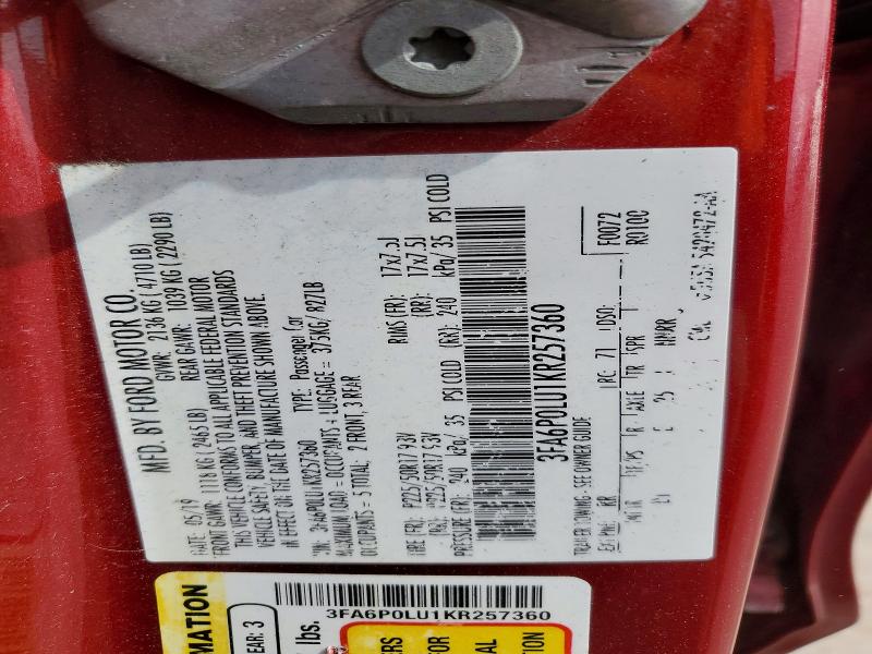 Продаж на аукціоні авто 2019 Ford Fusion, vin: 3FA6P0LU1KR257360, номер лоту: 45969786