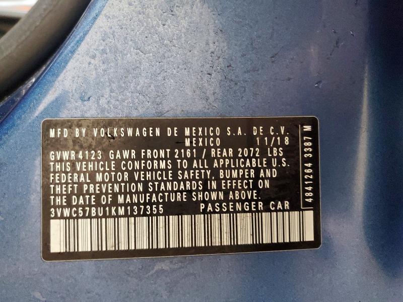 47571306 :رقم المزاد ، 3VWC57BU1KM137355 vin ، 2019 Volkswagen Jetta مزاد بيع