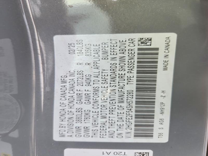 2025 Honda Civic მანქანა იყიდება აუქციონზე, vin: 2HGFE2F54SH572280, აუქციონის ნომერი: 79535545
