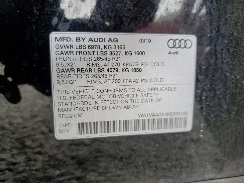 48141236 :رقم المزاد ، WA1VAAGE4KB009196 vin ، 2019 Audi E-tron مزاد بيع