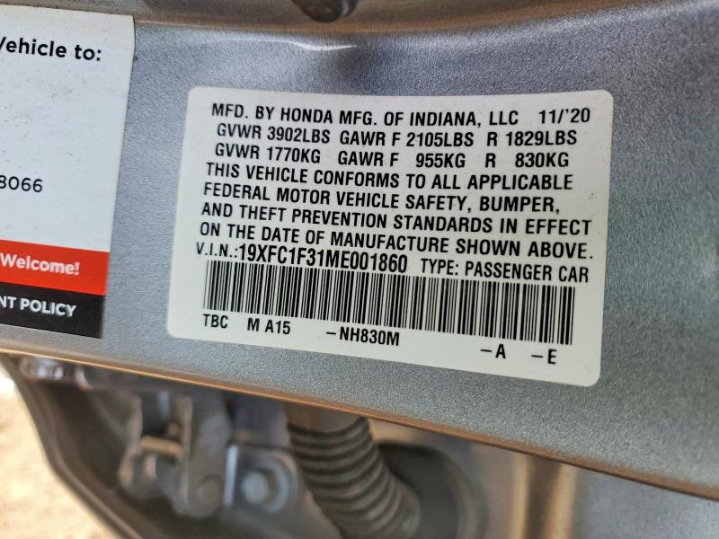 Продаж на аукціоні авто 2021 Honda Civic, vin: 19XFC1F31ME001860, номер лоту: 46197466