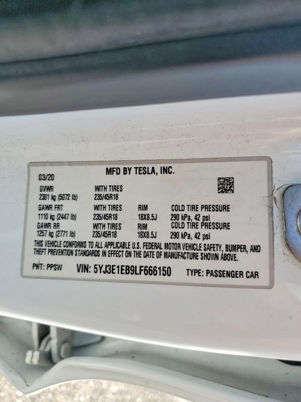 79587365 :رقم المزاد ، 5YJ3E1EB9LF666150 vin ، 2020 Tesla Model 3 مزاد بيع