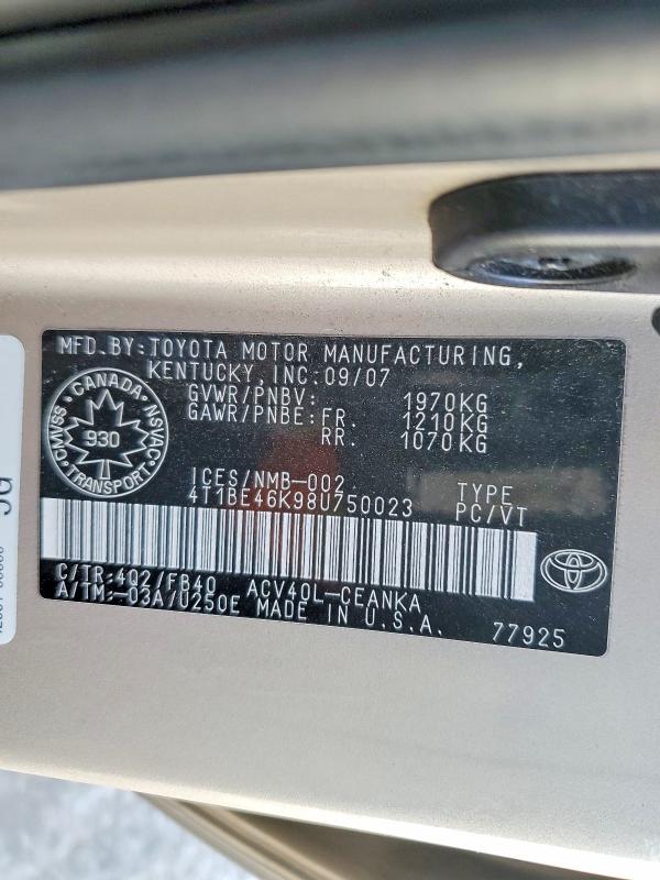 Aukcja sprzedaży 2008 Toyota Camry, vin: 4T1BE46K98U750023, numer aukcji: 46329316