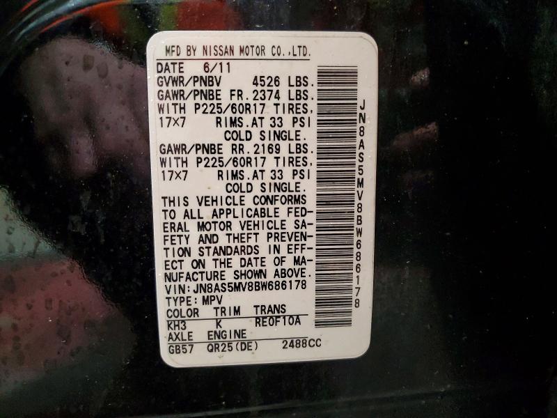 48045996 :رقم المزاد ، JN8AS5MV8BW686178 vin ، 2011 Nissan Rogue مزاد بيع