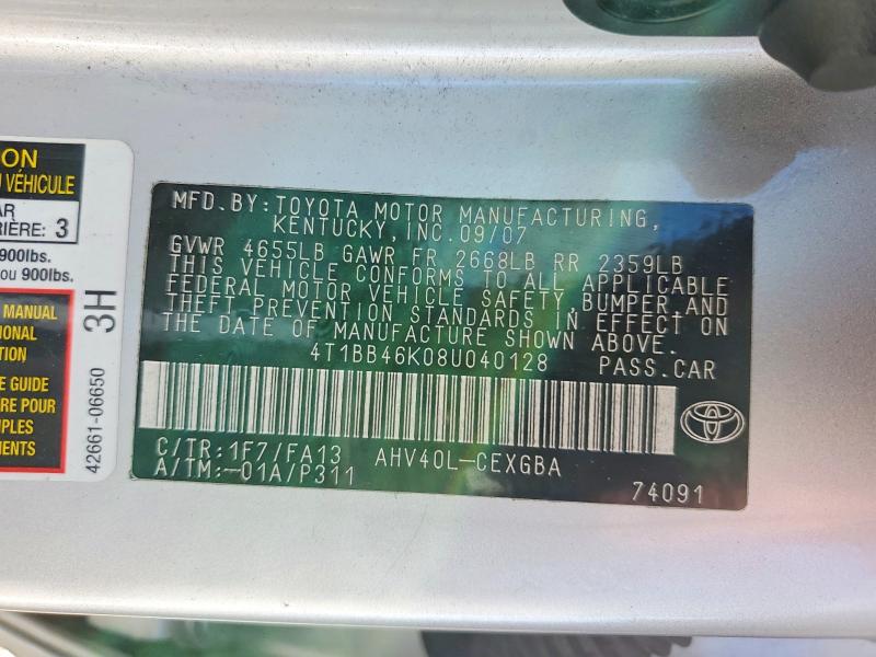 2008 Toyota Camry Hybrid მანქანა იყიდება აუქციონზე, vin: 4T1BB46K08U040128, აუქციონის ნომერი: 47433376