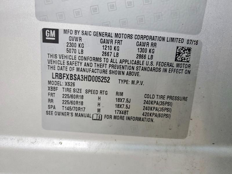 Auction sale of the 2017 Buick Envision, vin: LRBFXBSA3HD005252, lot number: 46617276