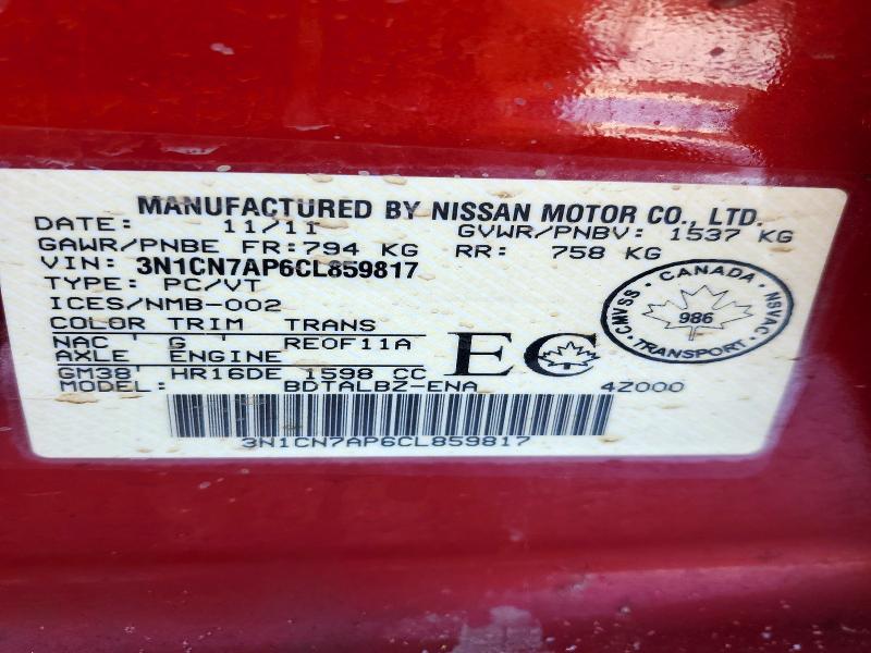 Aukcja sprzedaży 2012 Niss Versa, vin: 3N1CN7AP6CL859817, numer aukcji: 45624666