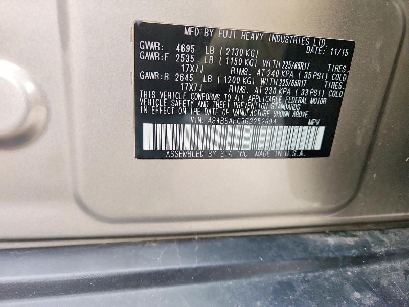 2016 Subaru Outback მანქანა იყიდება აუქციონზე, vin: 4S4BSAFC3G3252694, აუქციონის ნომერი: 47019326