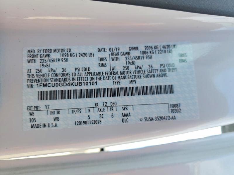 2019 Ford Escape მანქანა იყიდება აუქციონზე, vin: 1FMCU0GD4KUB10101, აუქციონის ნომერი: 46720856