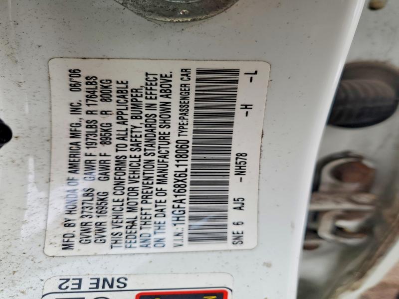 Aukcja sprzedaży 2006 Honda Civic, vin: 1HGFA168X6L118060, numer aukcji: 46959956