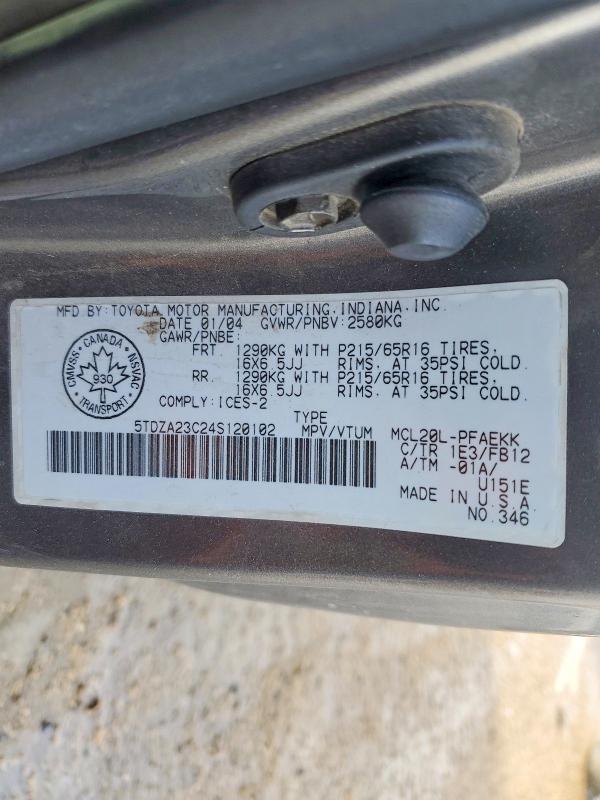 2004 Toyota Sienna მანქანა იყიდება აუქციონზე, vin: 5TDZA23C24S120102, აუქციონის ნომერი: 46299376