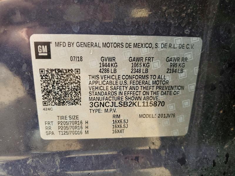 Aukcja sprzedaży 2019 Chevrolet Trax, vin: 3GNCJLSB2KL115870, numer aukcji: 47125956