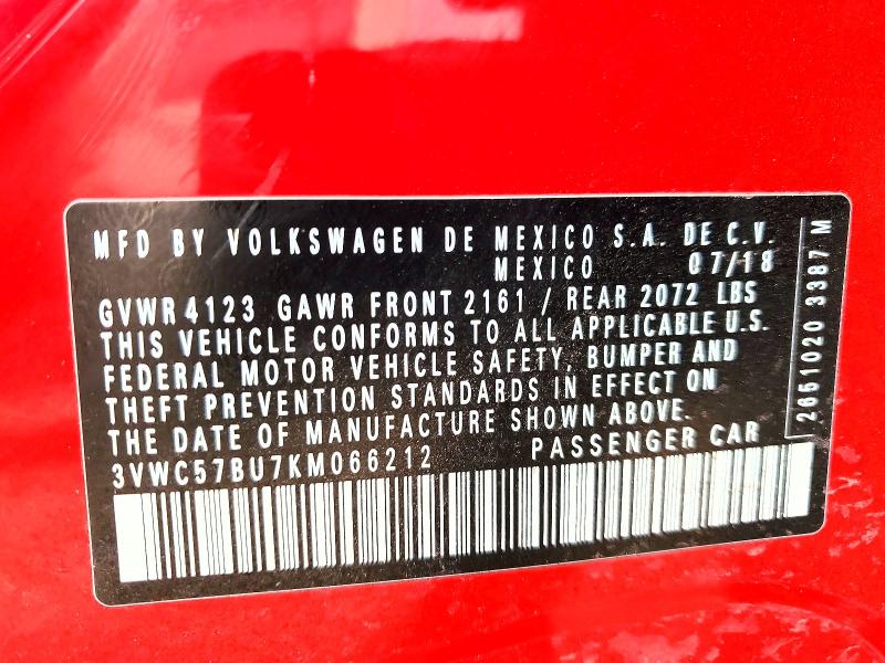 41766376 :رقم المزاد ، 3VWC57BU7KM066212 vin ، 2019 Volkswagen Jetta مزاد بيع