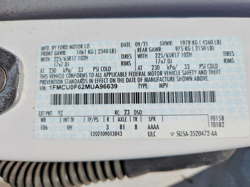 Продажа на аукционе авто 2021 Ford Escape, vin: 1FMCU0F62MUA96639, номер лота: 45510496